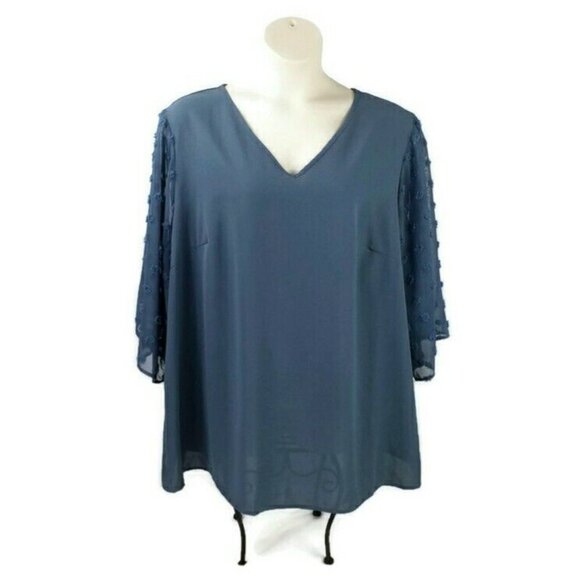 Bloomchic Stone Blue Raise Dot Mesh Patchwork Flounce Sleeve Blouse Women 26/4X - Picture 1 of 15